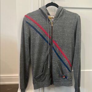 Aviator Nation Pray for Snow Gray Hoodie with Red and Blue Stripes. Super Cozy